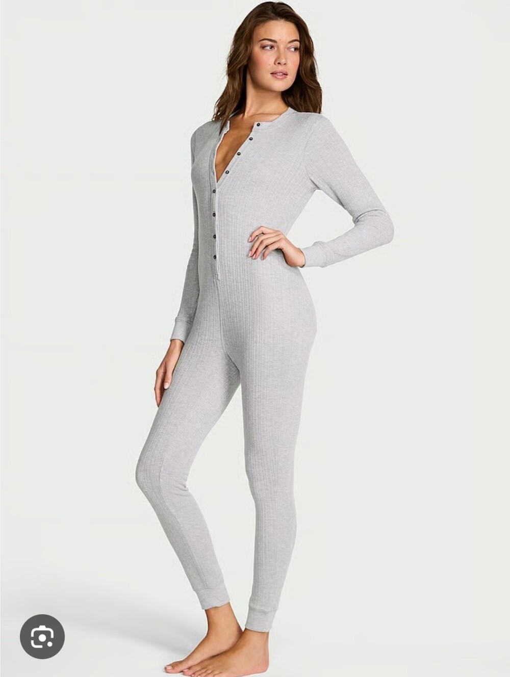 Aerie Rib Knit Long-Sleeve Henley Jumpsuit — Light Gray